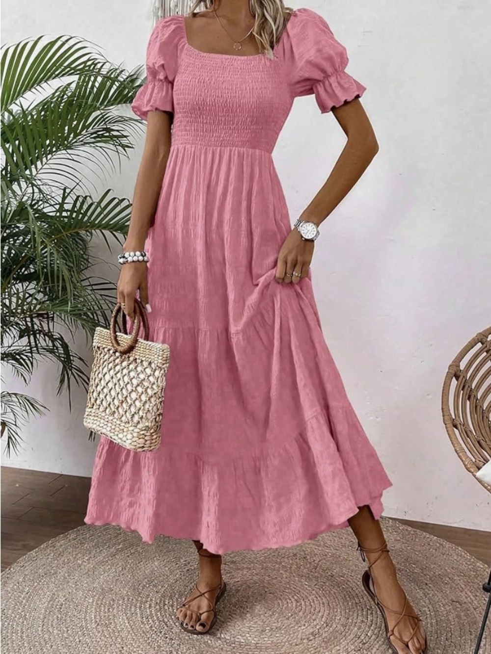 Smocked Puff-Sleeve Maxi Dress in Dusty Rose